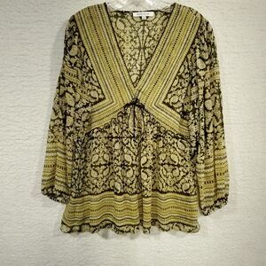 Rose + Olive Bohemian Tunic Blouse L Multicolor Shimmer V-Neck 3/4 Sleeve